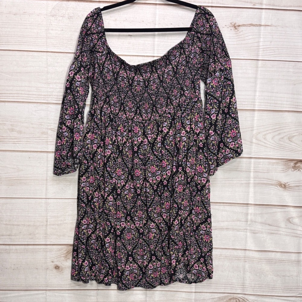 Torrid Floral Smocked Mini Dress Black Pink Purple Rayon Boho Tiered Size 3 Plus